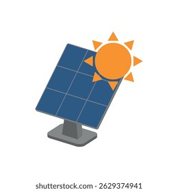 Painel solar com ícone solar - representando a energia solar, eletricidade limpa e energia renovável sustentável.