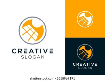 Solar panel with sun inside lens or circle logo design