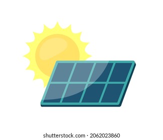 Solar panel and sun isolated on white background. Green energy and ecology concept. Vector illustration
