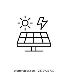 Solar panel, sun and lightning. Renewable energy, electricity power. Sustainable eco-friendly living. Pixel perfect vector icon