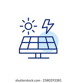 Solar panel, sun and lightning. Renewable energy, electricity power. Sustainable eco-friendly living. Pixel perfect, editable stroke icon