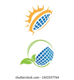 Solar panel sun logo template. Save Energy green power and natural electricity solar battery