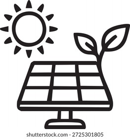 Painel solar com sol e planta. Ícone da linha de conceito de energia renovável e fotovoltaica.