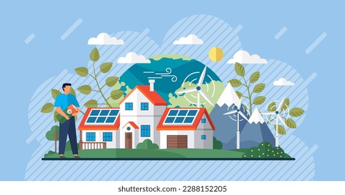 Solar panel with sun power photovoltaic PV home system and renewable electric energy technology house, cell battery vehicle, aircraft and spacecraft. Green energy. Wind energy. Eco friendly. Sun power