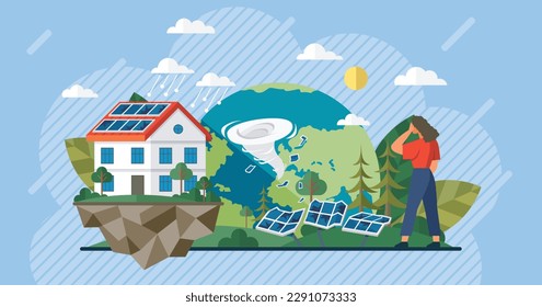 Solar panel with sun power photovoltaic PV home system renewable electric energy technology house, cell, battery, vehicle, aircraft and spacecraft. Solar panel destroyed after tornado. Climate change