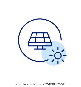 Solar panel and sun. Sustainable energy sources, eco-friendly electricity and life. Pixel perfect, editable stroke icon