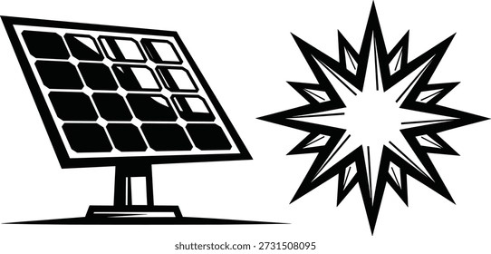 Panel solar con símbolo de explosión solar que representa energía renovable, células fotovoltaicas, conversión de luz solar y generación de energía sostenible