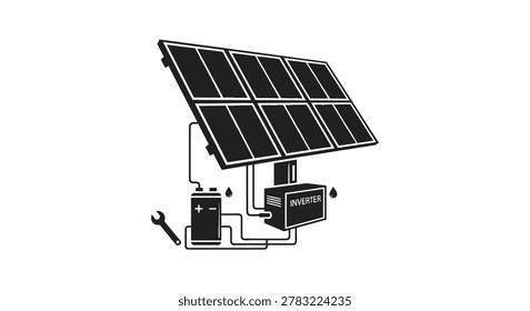 Solar panel system with battery and inverter black silhouette