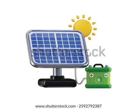 Solar panel system icon 3d render concept of climate friendly renewable energy solar panel with battery and sun icon 3d render