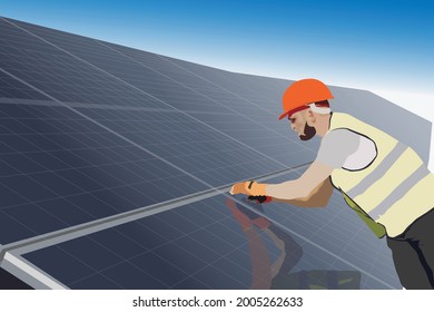 solar panel system installation on roof top as eco friendly alternative energy for house. Workers wearing safety project vests and helmets. Technology and innovation