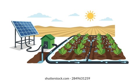 A solar panel system powers an automatic irrigation setup in a vegetable field.