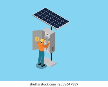 Solar Panel Technician Adjusting Electrical Box 3d isometric vector illustration