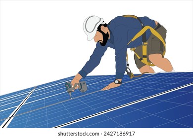 Técnico de paneles solares con taladro instalación y mantenimiento de sistema fotovoltaico en techo de casa. Módulo solar azul de montaje, instalación exterior del sistema solar Concepto alternativo de energía verde.  