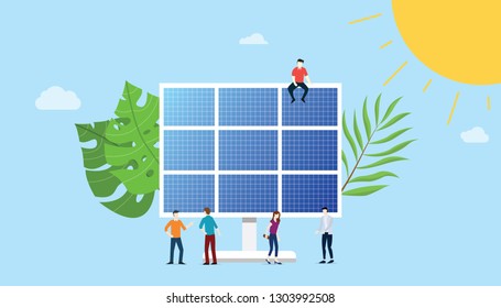 solar panel technology with people working together concept