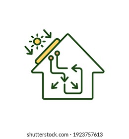Solar panel technology in smart home RGB color icon. Alternative power generation. Electricity for residential house. Sustainable technology, electricity source. Isolated vector illustration