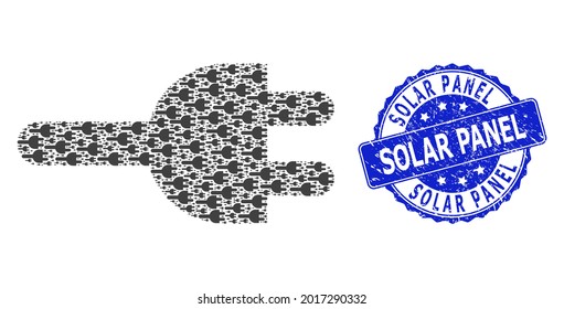 Impresión de sellos redondos texturados en el panel solar y enchufe eléctrico de colchón de recursión vectorial. El sello azul contiene la etiqueta Panel solar dentro de la forma redonda.