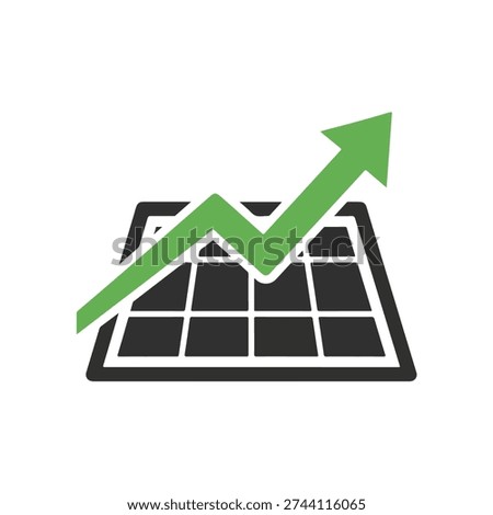 Solar Panel with Upward Green Arrow Icon, Depicting Growth in Renewable Energy, Sustainable Power, and Environmental Progress, Clean Energy.