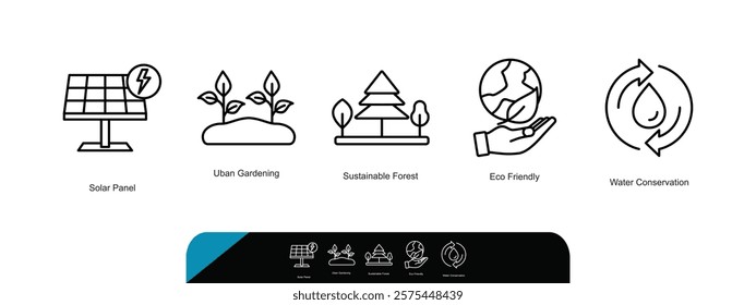 Solar Panel, Urban Gardening, Sustainable Forest, Eco-Friendly, Water Conservation Vector Icons