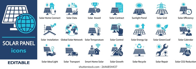 Solar Panel vector icon set. Containing Solar, Panel, Energy, Power, Sun, Connect, Data, Analytics, Finance, Award, Contract, Document and more. Solid vector icons collection.