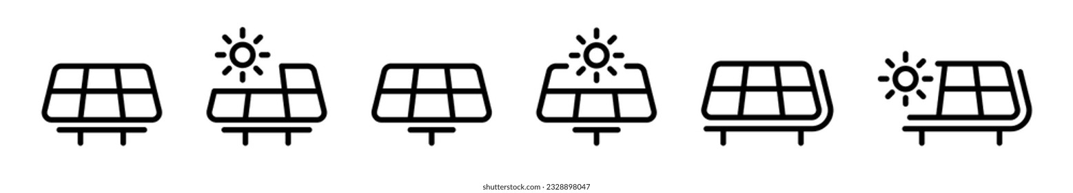 Solar panel vector icons. Solar panels silhouette. Energy generation concept. Sollar battery. Renewable and alternative energy symbols.