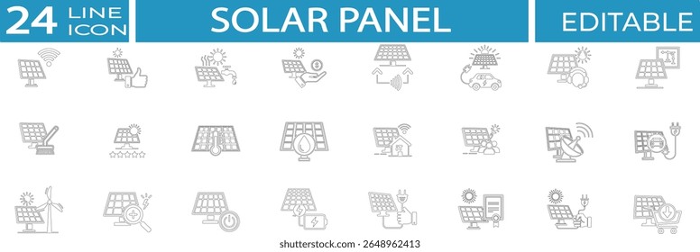 Solar Panel Vector Line Icons. Containing Solar, Panel, Energy, Power, Green, Eco, Sun, Electric, Charge, Renewable, Sustainable, System, Grid, Smart, Home and more. Solid Vector Line Icons collection