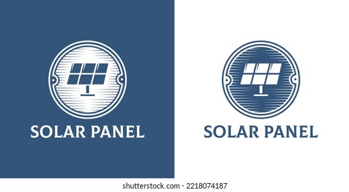 Solar panel vintage logo design set, sun power retro emblem, renewable electricity symbol concept, blue system editable commercial logotype, sustainable living branding, isolated on background