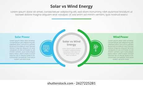 solar panel vs wind energy power comparison opposite infographic concept for slide presentation with big outline circle center and box container transparent with flat style vector