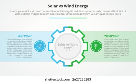 Solar-Panel vs Windenergie Vergleich gegensätzliches Infografik-Konzept für Dia-Präsentation mit Getriebe auf der Mitte und Box-Container mit flachen Stil Vektor