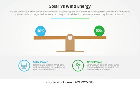 Comparación de energía solar vs energía eólica Concepto de infografía opuesto para presentación de diapositivas con escala de madera con Vector de estilo plano