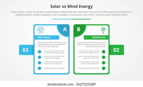solar panel vs wind energy power comparison opposite infographic concept for slide presentation with big outline table and badge on side with flat style vector