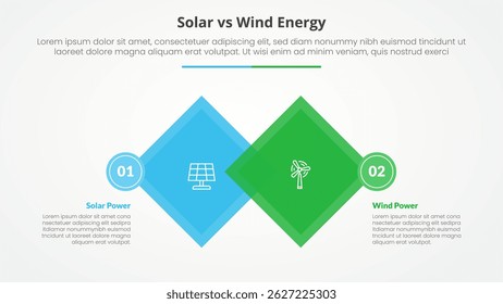 solar panel vs wind energy power comparison opposite infographic concept for slide presentation with diamond shape rotate square blending with flat style vector