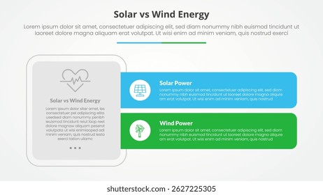 solar panel vs wind energy power comparison opposite infographic concept for slide presentation with big box and long rectangle shape with flat style vector