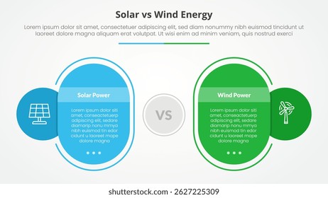 solar panel vs wind energy power comparison opposite infographic concept for slide presentation with round rectangle box outline circle with flat style vector