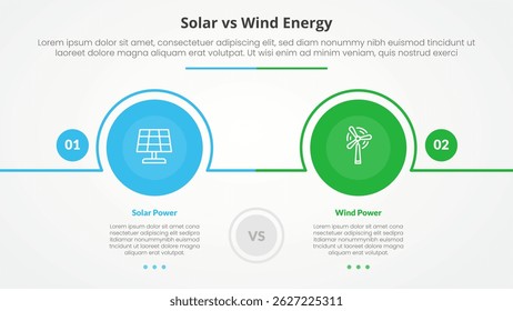 solar panel vs wind energy power comparison opposite infographic concept for slide presentation with big circle outline horizontal with flat style vector