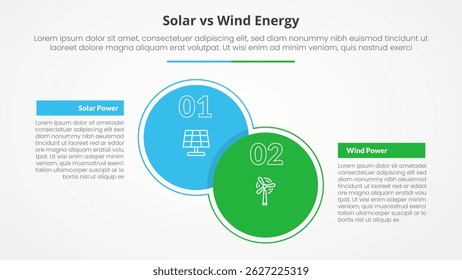 solar panel vs wind energy power comparison opposite infographic concept for slide presentation with big circle and box table with flat style vector