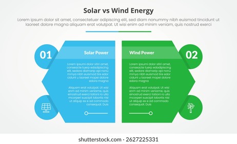 solar panel vs wind energy power comparison opposite infographic concept for slide presentation with creative hexagon slice with circle badge with flat style vector