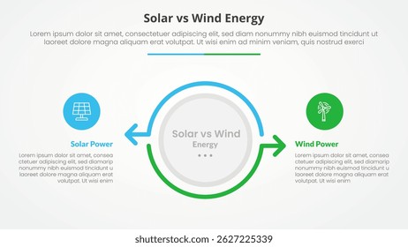 panneau solaire vs énergie éolienne comparaison concept infographique opposé pour la présentation de diapositives avec grand cercle et contour de flèche dans la direction opposée avec Image vectorielle de style plat