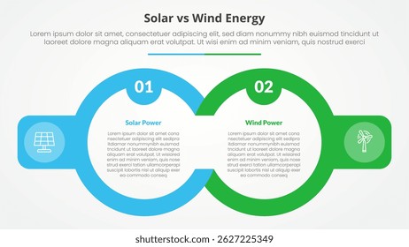 solar panel vs wind energy power comparison opposite infographic concept for slide presentation with big outline circle and badge on side with flat style vector