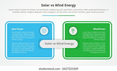 solar panel vs wind energy power comparison opposite infographic concept for slide presentation with big box table outline with flat style vector