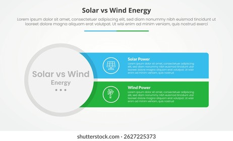 solar panel vs wind energy power comparison opposite infographic concept for slide presentation with big circle and sharp rectangle with flat style vector