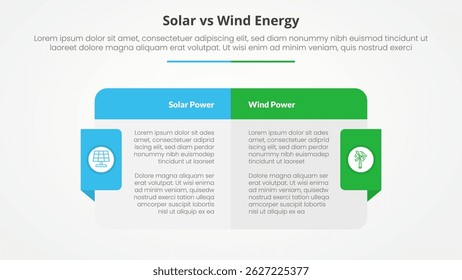 solar panel vs wind energy power comparison opposite infographic concept for slide presentation with big box table with header and badge on side with flat style vector