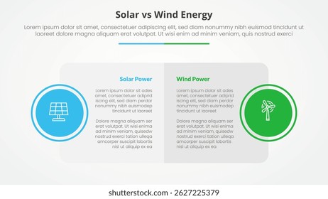 El panel solar vs la energía eólica comparan el concepto infográfico opuesto para la presentación de diapositivas con la tabla de la caja grande y la insignia del círculo en el lado con el Vector plano del estilo