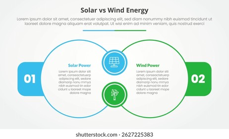 solar panel vs wind energy power comparison opposite infographic concept for slide presentation with big outline circle join connection with flat style vector