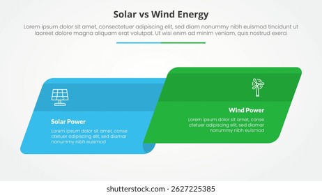 solar panel vs wind energy power comparison opposite infographic concept for slide presentation with skew round rectangle box side by side with flat style vector