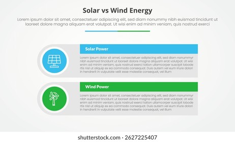 solar panel vs wind energy power comparison opposite infographic concept for slide presentation with big rectangle table box with round circle edge with flat style vector