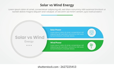 solar panel vs wind energy power comparison opposite infographic concept for slide presentation with big circle left and slice round rectangle with flat style vector