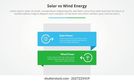 solar panel vs wind energy power comparison opposite infographic concept for slide presentation with rectangle box vertical stack with flat style vector