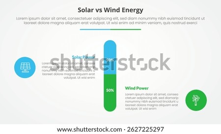 solar panel vs wind energy power comparison opposite infographic concept for slide presentation with round vertical bar percentage with flat style vector