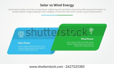 solar panel vs wind energy power comparison opposite infographic concept for slide presentation with skew round rectangle box side by side with flat style vector