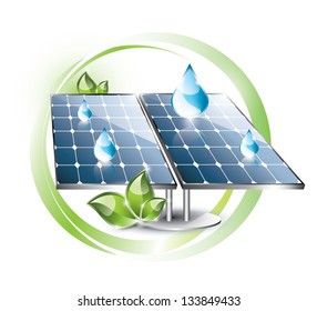 Solar panel with water drops and plant, circles background, EPS 10, isolated